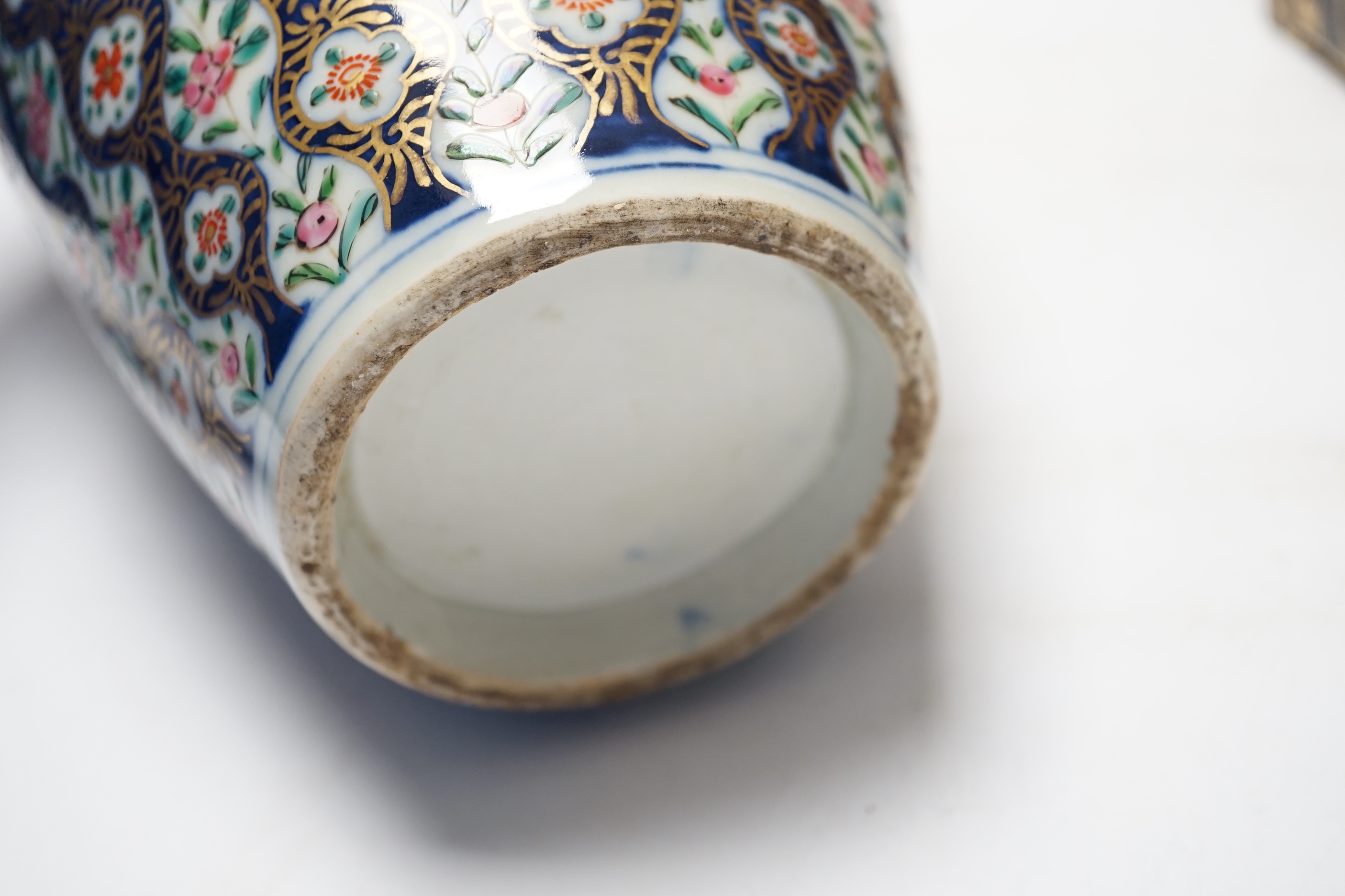 A group of Chinese items including a hardwood carving of luohan, an 18th century blue and white jar, a lacquer box, etc.